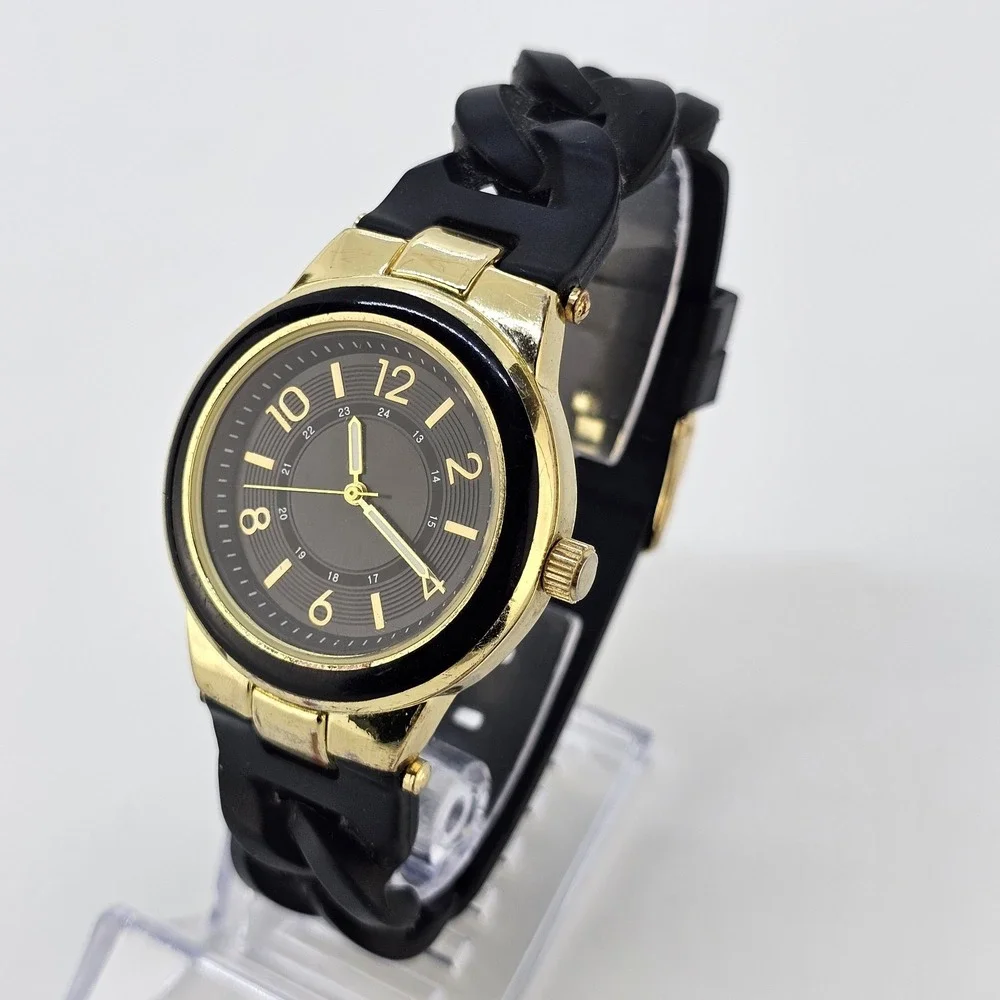 Women's Analog Watch 36MM Black Dial Black Plastic Bands NEW Battery